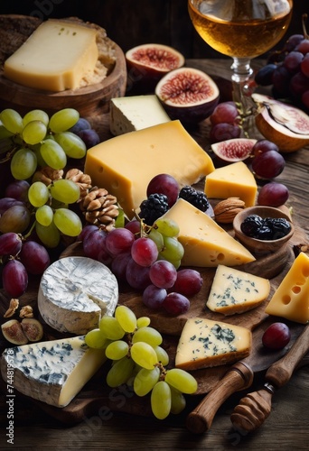 illustration, assorted cheese platter rustic wooden table surrounded fresh fruits, crackers, nuts under soft lighting, variety, texture, creamy, firm, crumbly, grapes, figs