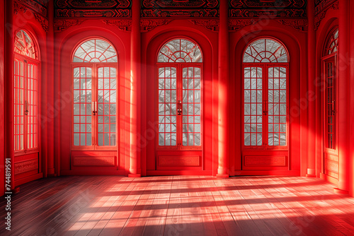 Beautiful original background image of a luxurious red empty room in Chinese style and a minimalist wooden floor with a play of light and shadow on the walls and floor