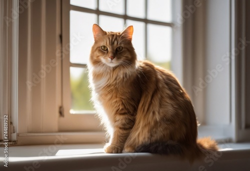 illustration, serene cat lounges comfortably sunlit windowsill, basking golden afternoon light, fur, whiskers, breeze, curtains, room, luminosity, garden, color