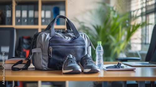 Un sac de sport avec une paire de baskets posés sur une table de bureau. photo