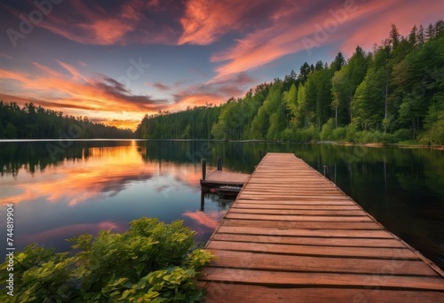 illustration, serene lake sunset wooden dock extending into calm waters, surrounded lush forest, tranquil, peaceful, evening, twilight, nature, reflection, trees, dusk, placid, quiet