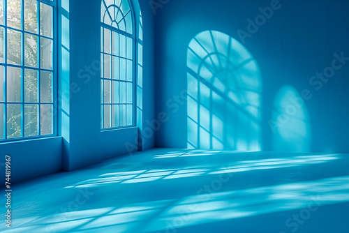 Minimal abstract light blue background for product presentation. Shadow and light from windows on wall