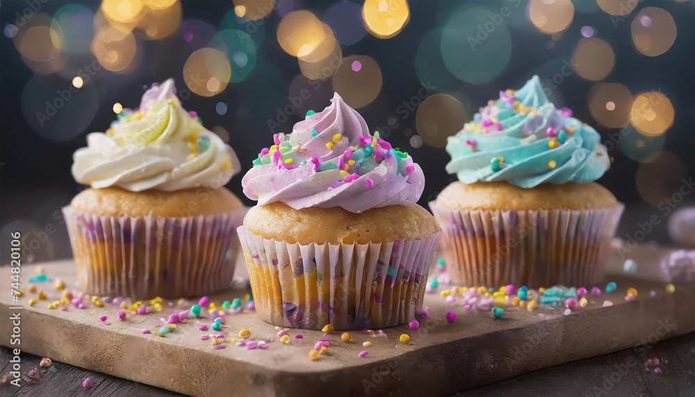 Cupcakes with icing and sprinkles. Generative AI