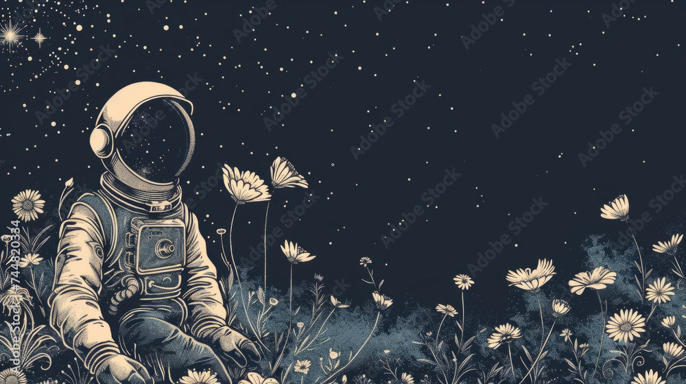 Astronaut collects flowers on a foreign planet Astronaut collects flowers on a foreign planet