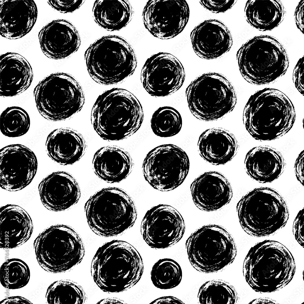 Grunge circles seamless vector pattern. Hand drawn black and round shapes. Abstract wallpaper design, textile print