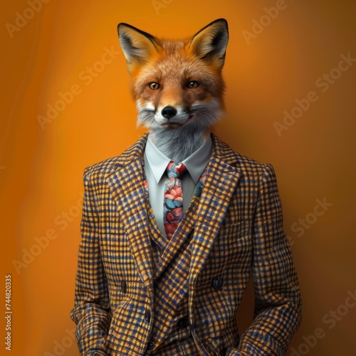 Abstract, creative, illustrated, minimal portrait of a wild animal dressed up as a man in elegant clothes. A fox standing on two legs in business suit