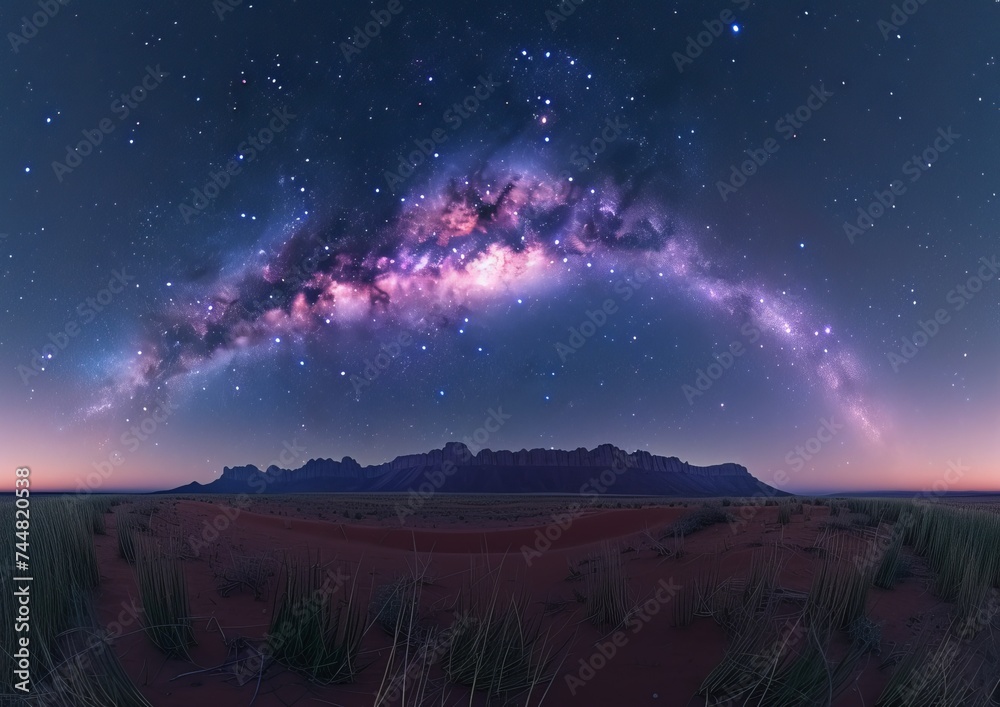 Panoramic Desert Landscape at Night with a Vibrant Milky Way Arc Over the Horizon
