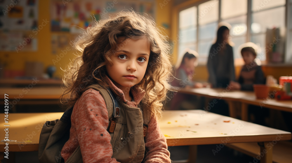 Fototapeta premium Curly-haired young girl lost in thought in a classroom, with blurred figures in the background
