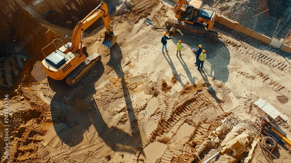 Aerial Drone Shot Of Construction Site With Excavators On Sunny Day: Diverse Team of Real Estate Developers Discussing Project. Civil Engineer, Architect, Inspector Talking And Using Tablet Computer. 