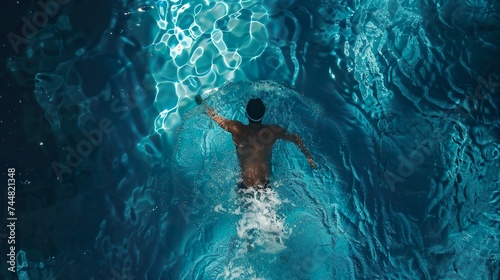 Aerial Top View Male Swimmer Swimming in Swimming Pool. Professional Determined Athlete Training for the Championship, using Butterfly Technique. 