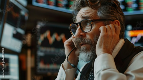 Portrait of Professional Middle Aged Trader Working on a Stock Exchange. Stylish Adult Man Communicating Buy and Sell Orders on a Call and Showing Hand Signals to an Arbitrage Broker 