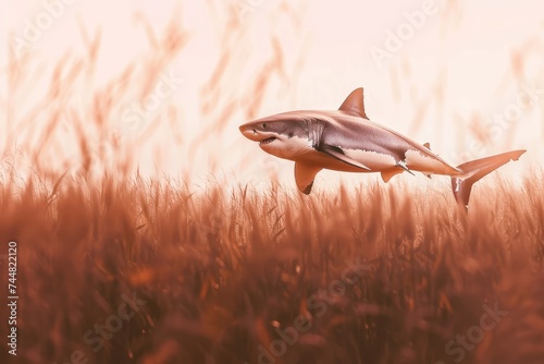Great white shark flying through the field of grain  pink shadow tone