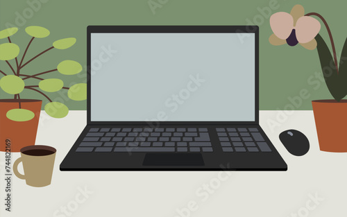 notebook screen with plants around and cup of coffee, calm workspace