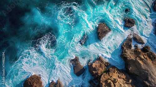 Dramatic Overhead Shot of Rugged Coastline with Rocks and Crashing Waves. Nature Background. photo