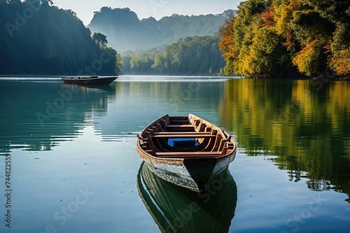 Rowing Boat on a Lake, Surrounded by Green Trees. Beautiful Peaceful Scene. Mindfulness / Solitude Concept. photo