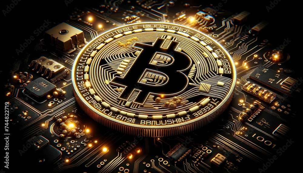 Bitcoin Coin Integrated with Electronic Circuit Board
