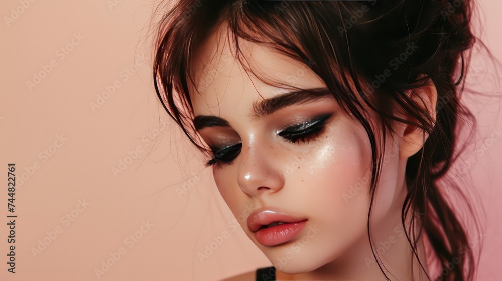 Model face on a plain background showing her beautiful eye shadow, beauty and makeup backgrounds with copy space. Model face on a plain background showing her beautiful eye shadow, beauty and makeup backgrounds with copy space.