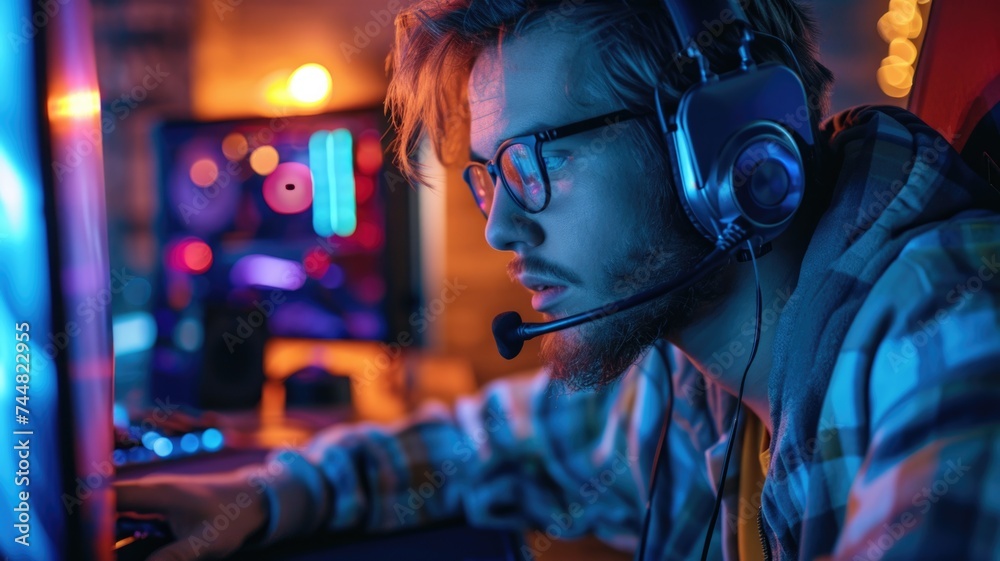 Intense Male Gamer Playing Competitive Video Game at Night Intense Male Gamer Playing Competitive Video Game at Night