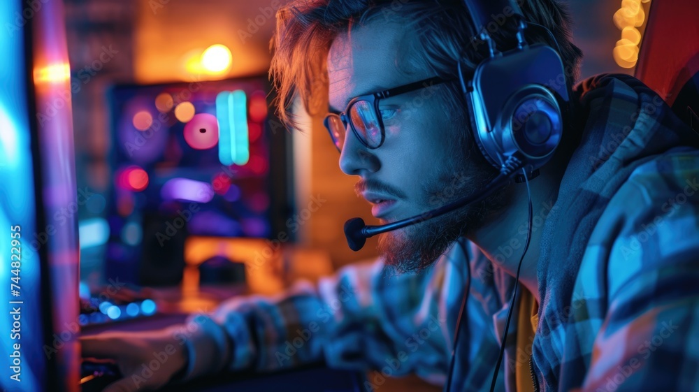 Intense Male Gamer Playing Competitive Video Game at Night