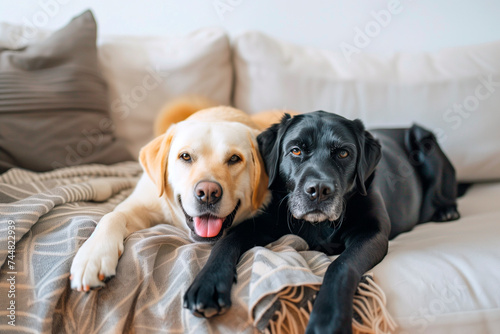 two labrador dogs resting on the sofa
