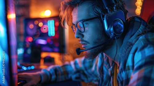 Intense Male Gamer Playing Competitive Video Game at Night