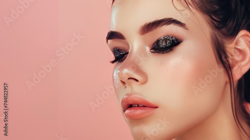 Model face on a plain background showing her beautiful eye shadow, beauty and makeup backgrounds with copy space.