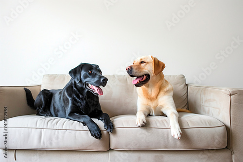 two labrador dogs on the sofa