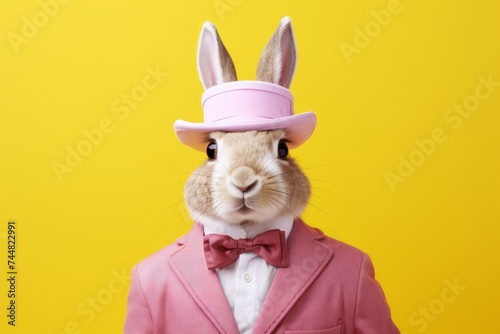 Abstract, modern, Easter bunny dressed, standing and posing. Trendy modern hipster, animal in fashion suit. 