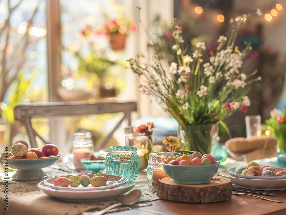 Cozy Easter Breakfast Table Setting with Painted Eggs and Rustic Decor, Warm Morning Light Bathing a Homely Kitchen Scene