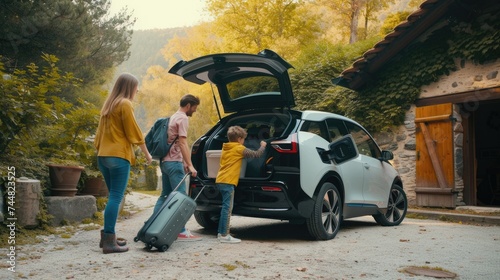 A family is loading luggage into the rear of their vehicle for a leisurely travel, surrounded by trees and plants. AIG41