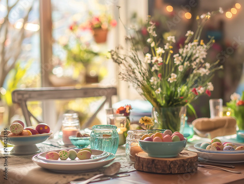 Cozy Easter Breakfast Table Setting with Painted Eggs and Rustic Decor, Warm Morning Light Bathing a Homely Kitchen Scene