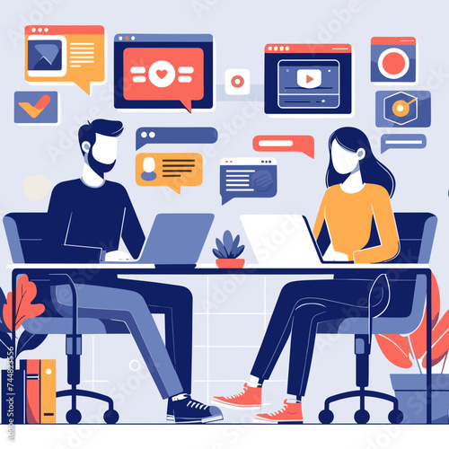 vector drawing of a creative office environment with two people engaging in modern digital communication