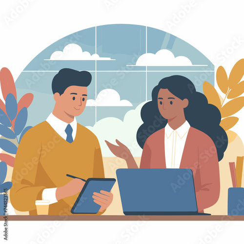 vector drawing of a creative office environment with two people engaging in modern digital communication