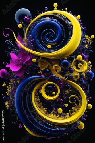 The image displays a digital abstract piece with swirling shapes and beads in blue, purple, and gold. The background is black.