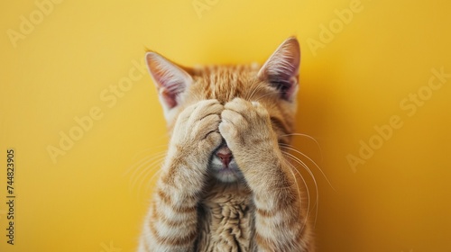 Shy cat, worried cat, depressed poor kitty, unhappy orange tabby kitten isolated on yellow background, concept of mental health, depression, anxiety, shy and anti social. photo