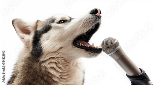 Devoted husky dog singer howling and singing to a microphone isolated on white background, funny animal portrait, singer, creative, karaoke, party and greeting cards. photo
