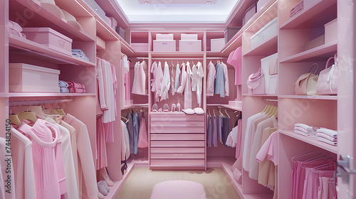 Luxury wardrobe in pink tones, stylish clothes organised on shelves in a large walk-in closet interior.. photo