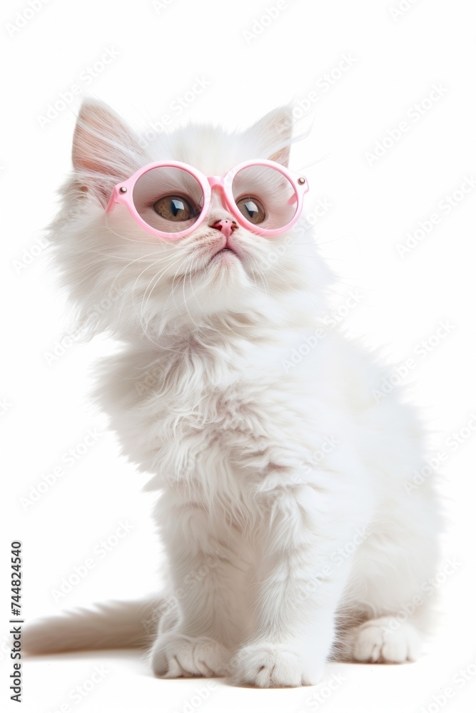 An adorable kitten with glasses, a stylish cat exploring, background of fun and beauty.