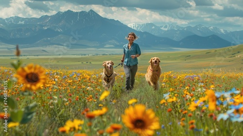 Golden retriever dog is running with the owner  a happy  smile woman happily in the morning sunrise.