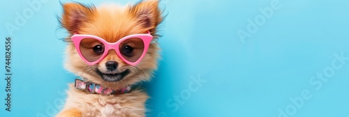 A happy and adorable small dog wearing sunglasses and a fashionable collar.