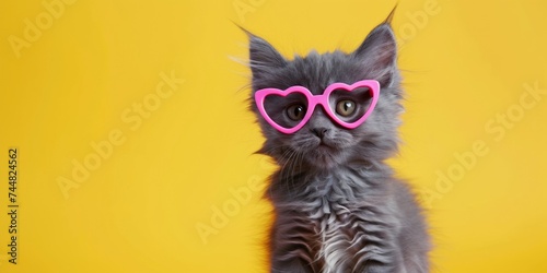 A curious and adorable kitten with heart-shaped glasses, celebrating love in a domestic setting. © Andrii Zastrozhnov