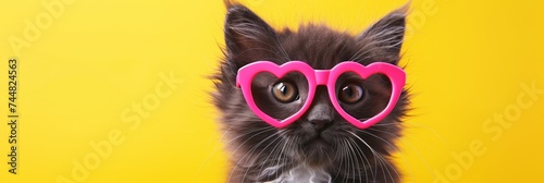 A beautiful dark kitty with a heart-shaped eyewear, featuring a cute and fluffy portrait.