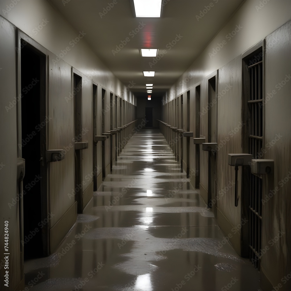 Prison corridor. Sad and desolate space: empty prison surrounded by prisoner cells. Image created by AI. Prison corridor. Sad and desolate space: empty prison surrounded by prisoner cells. Image created by AI.