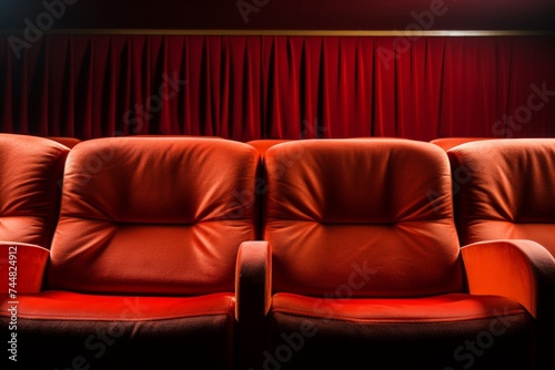 Three plush red leather movie theater seats with comfortable cushioning, set against a backdrop of a rich red velvet curtain. Perfect for a cozy movie experience.