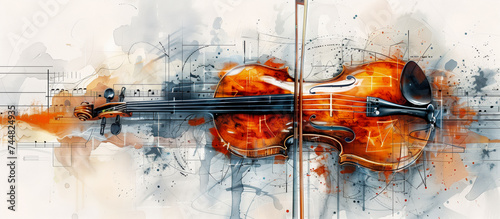 Classical Violin White Background - Watercolor technical drawing abstract Illustration concept for Music Event, Poster, Promotional material, Invitation, Wall Art, App, Brand Identity