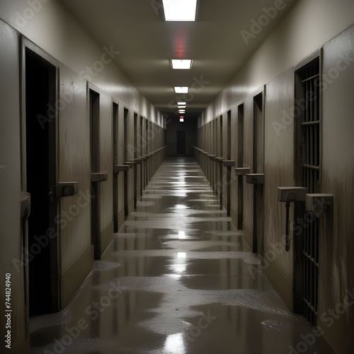 Prison corridor. Sad and desolate space: empty prison surrounded by prisoner cells. Image created by AI.