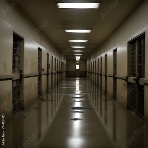 Prison corridor. Sad and desolate space: empty prison surrounded by prisoner cells. Image created by AI.