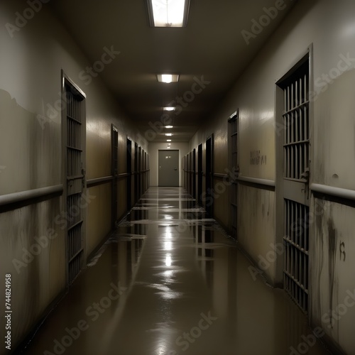 Prison corridor. Sad and desolate space: empty prison surrounded by prisoner cells. Image created by AI.