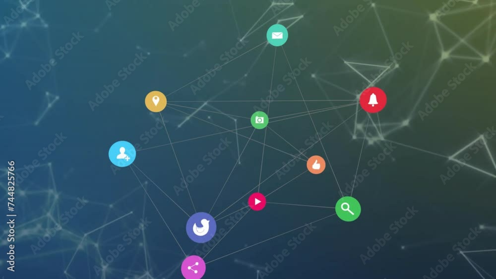 Animation of network of connections with icons over shapes moving Animation of network of connections with icons over shapes moving