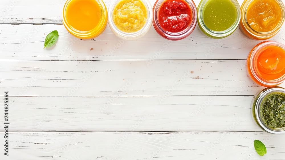 A selection of healthy baby food is arranged neatly in jars atop a white wooden table, creating a visually appealing flat lay. A selection of healthy baby food is arranged neatly in jars atop a white wooden table, creating a visually appealing flat lay.